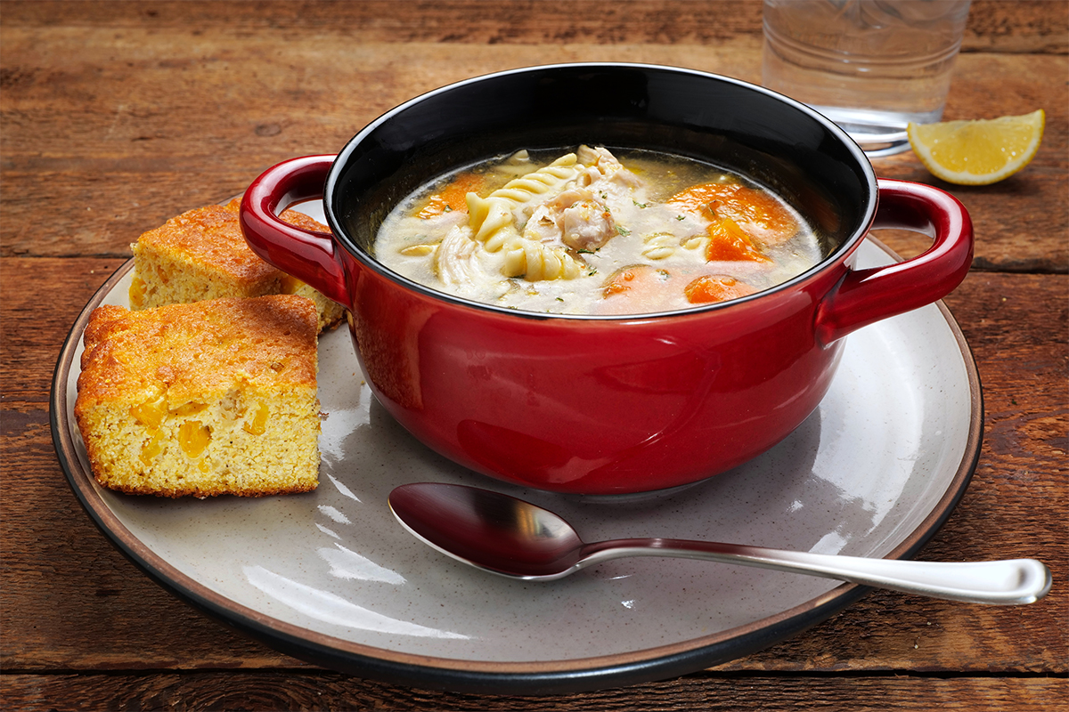Good Ol' Chicken Noodle Soup Meal with Cornbread