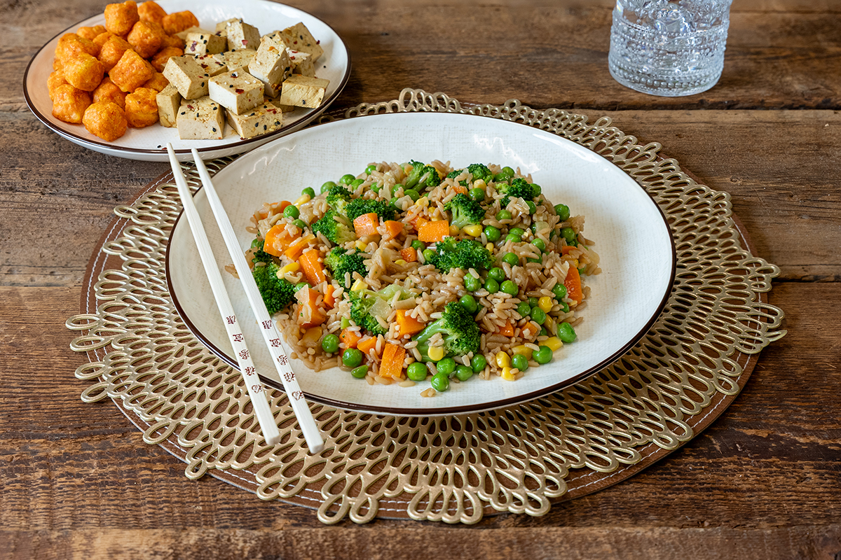 Veggie Fried Rice with Marinated Tofu